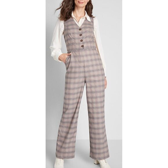 NEW NWT MODCLOTH Plaid Appeal Vest Jumpsuit Tan Brown Blue Sleeveless Retro 70s - Picture 3 of 16